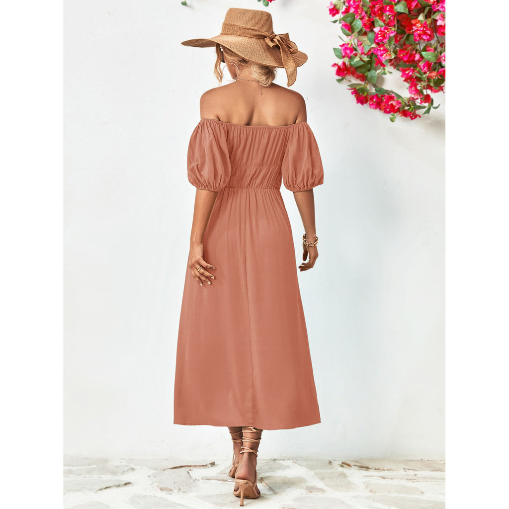 Off-Shoulder Balloon Sleeve Midi Dress