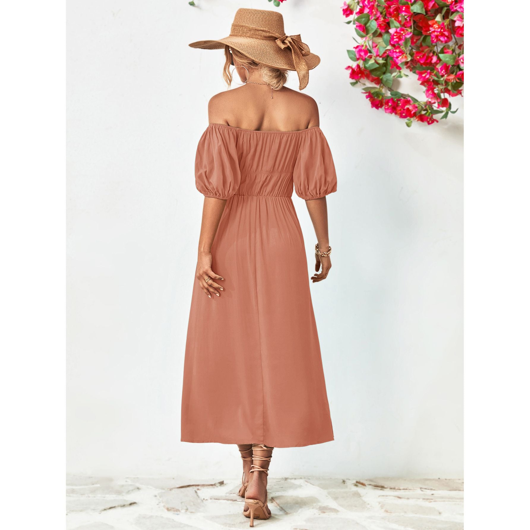 Off-Shoulder Balloon Sleeve Midi Dress