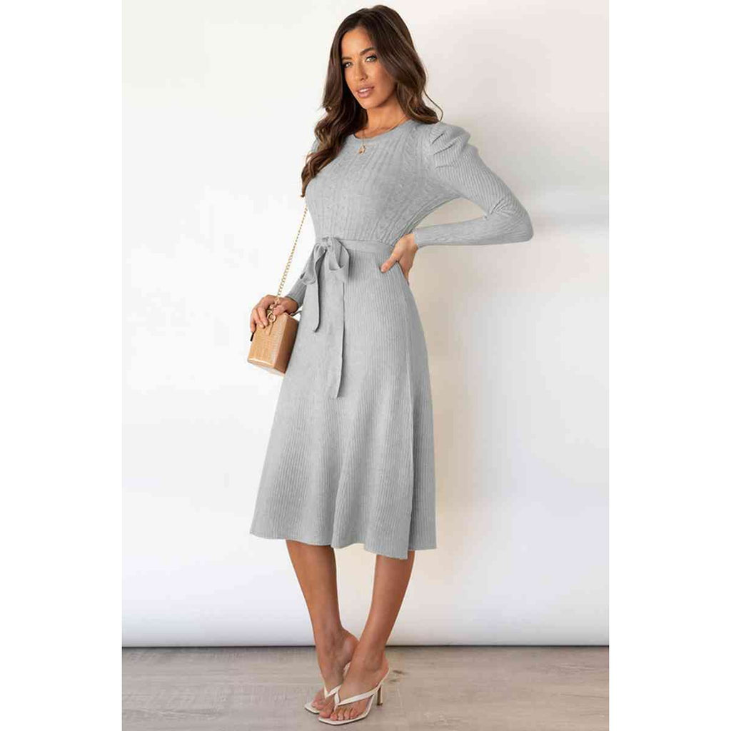 Round Neck Long Sleeve Tie Waist Sweater Dress