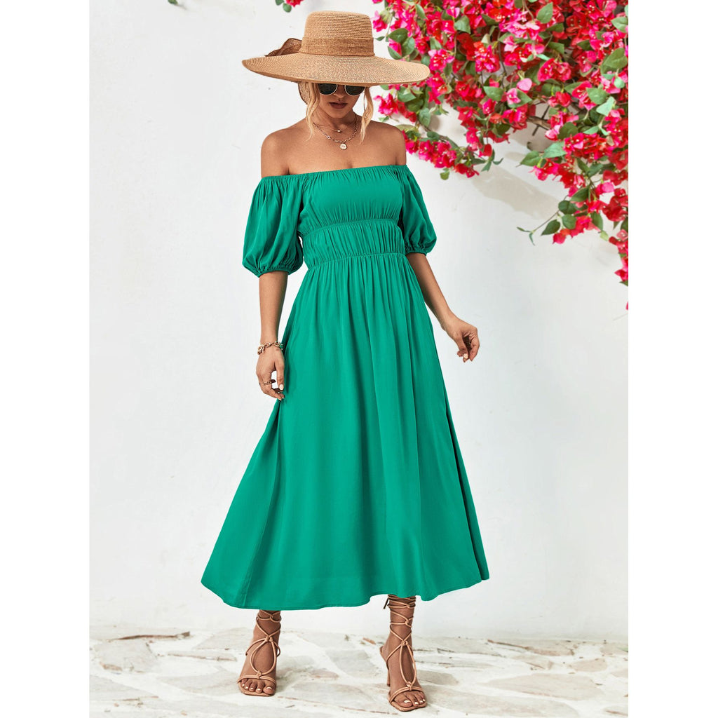 Off-Shoulder Balloon Sleeve Midi Dress
