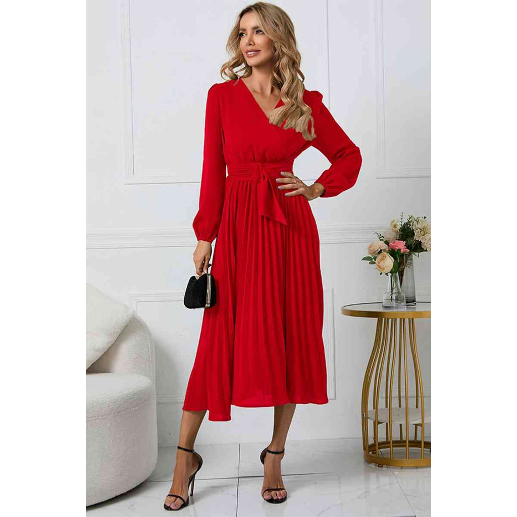 V-Neck Long Sleeve Tie Waist Midi Dress