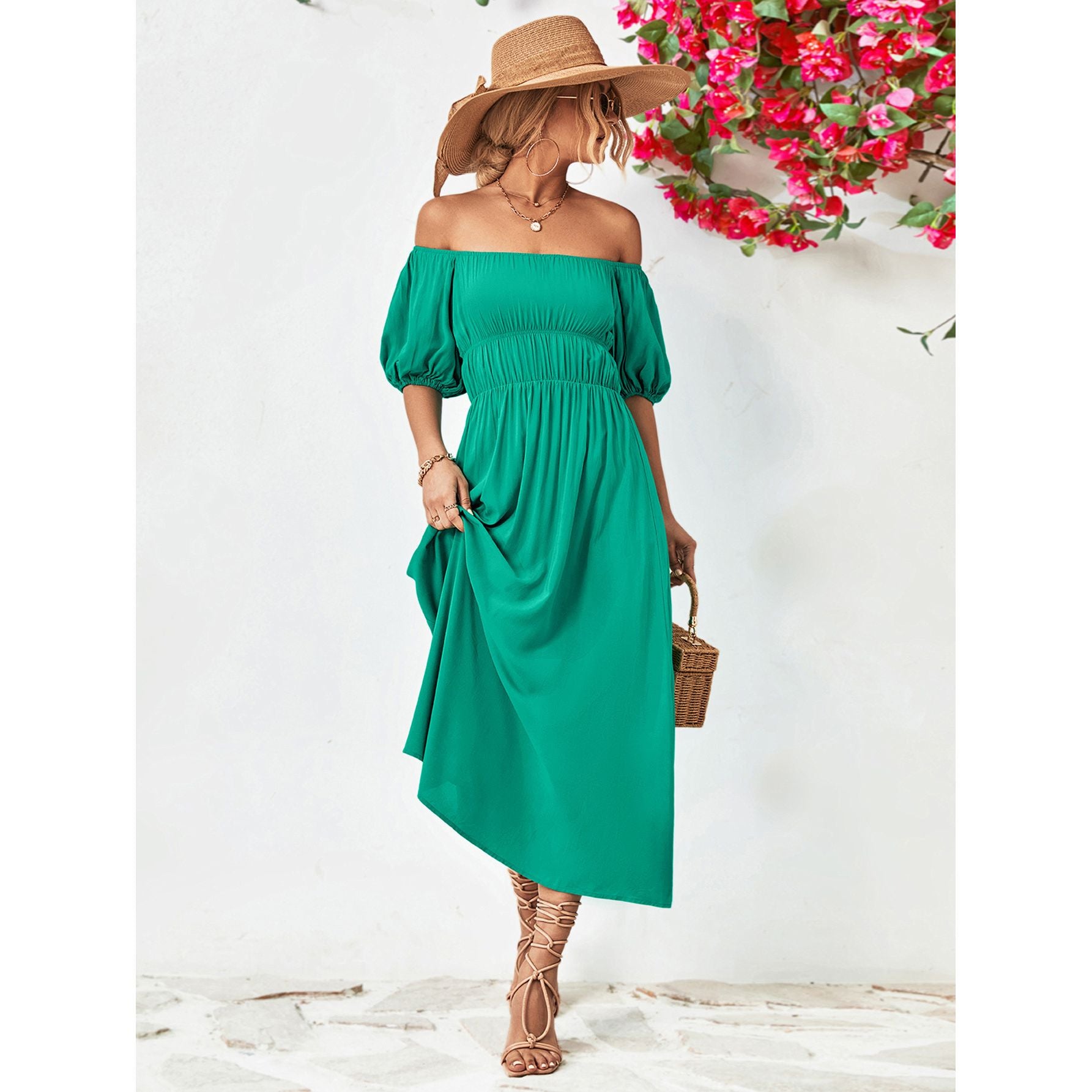 Off-Shoulder Balloon Sleeve Midi Dress