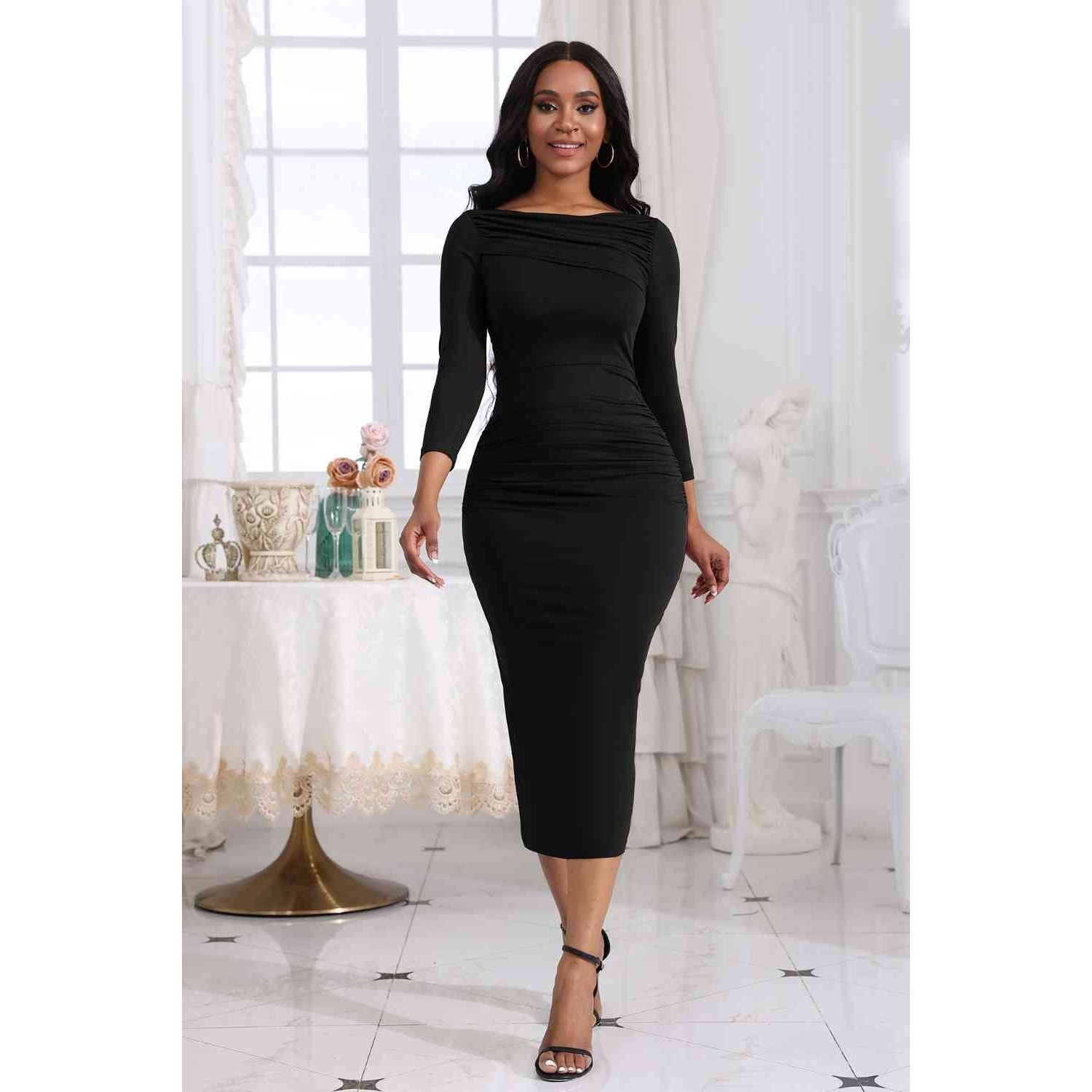 Ruched Boat Neck Midi Dress