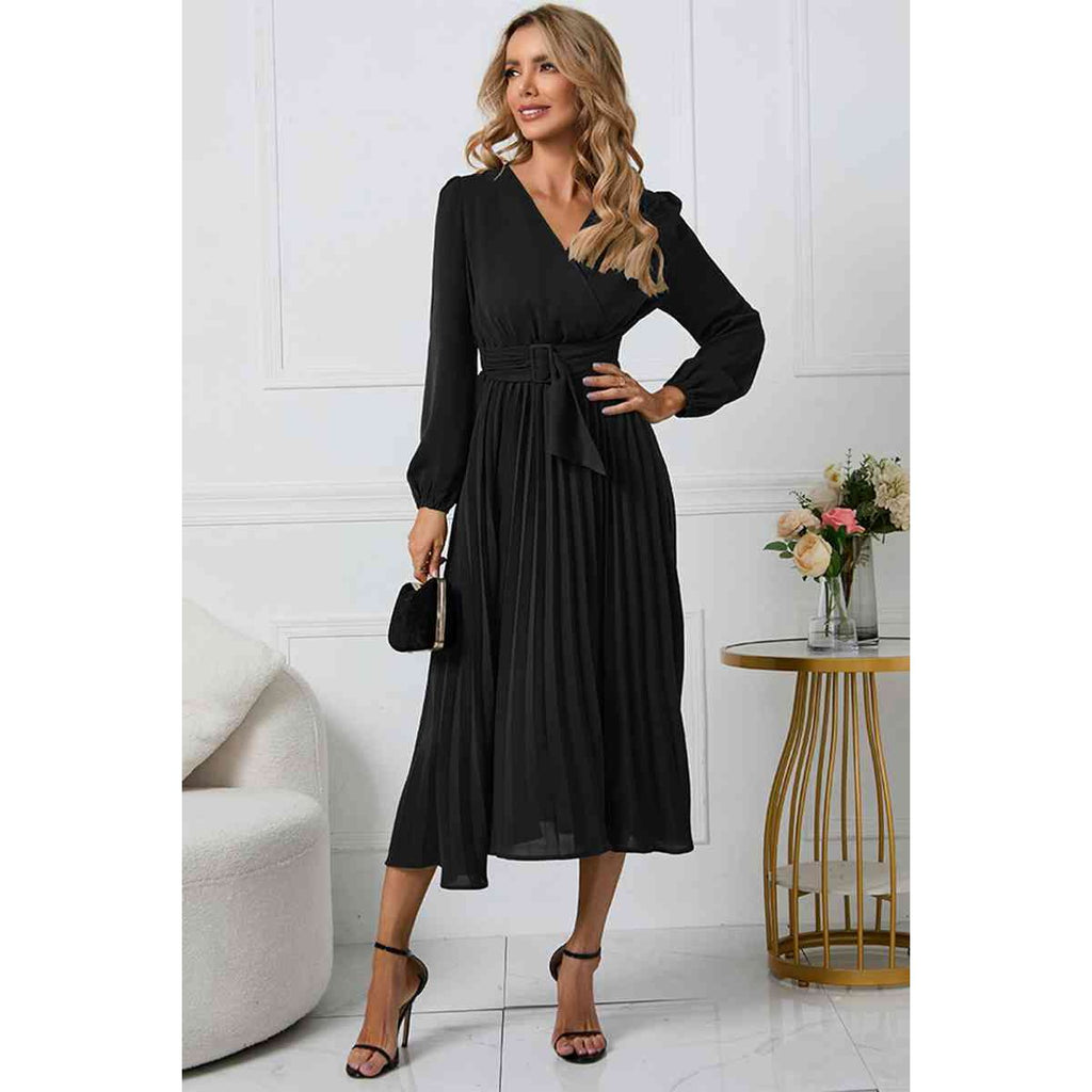 V-Neck Long Sleeve Tie Waist Midi Dress
