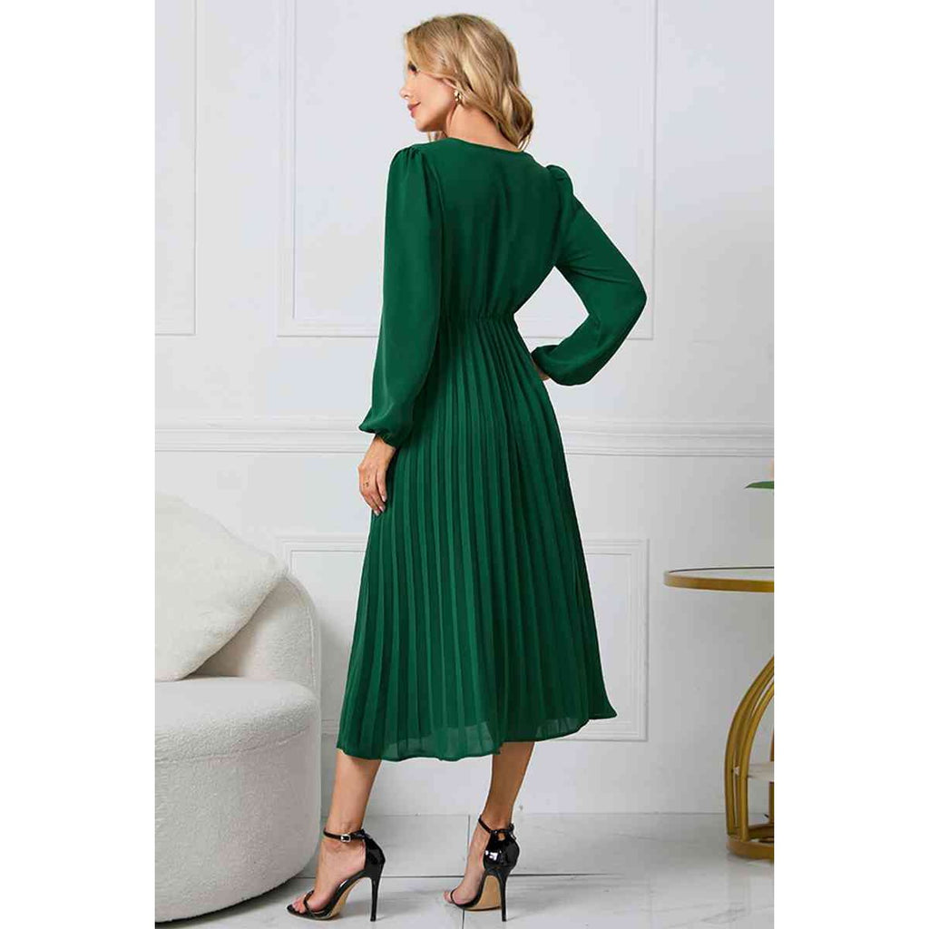 V-Neck Long Sleeve Tie Waist Midi Dress