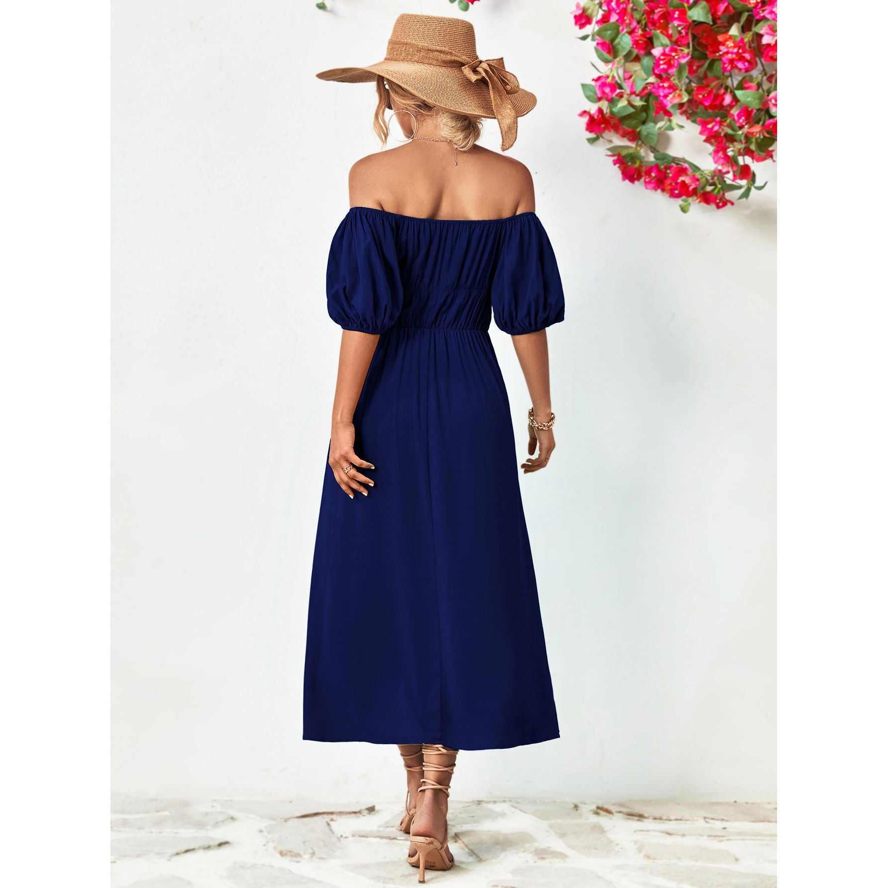 Off-Shoulder Balloon Sleeve Midi Dress