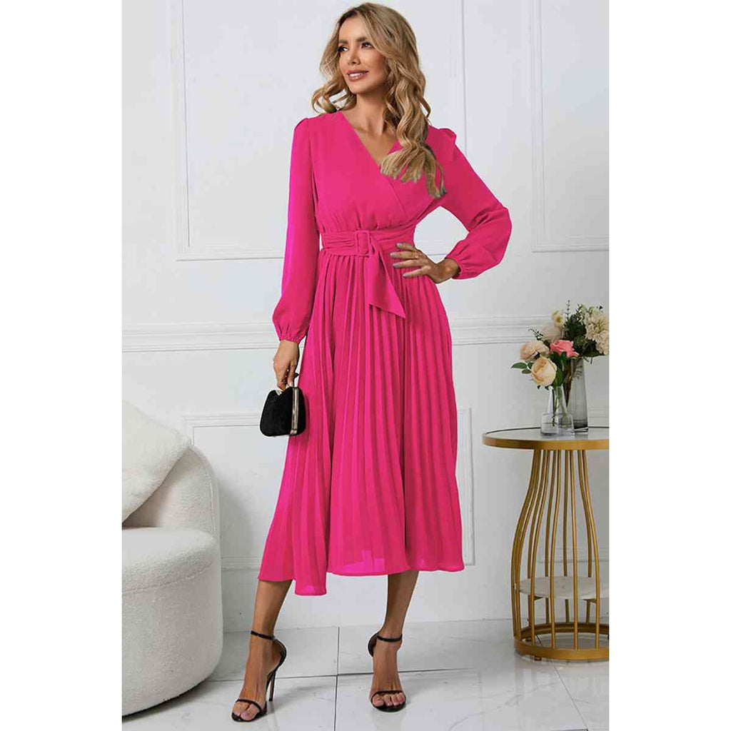 V-Neck Long Sleeve Tie Waist Midi Dress