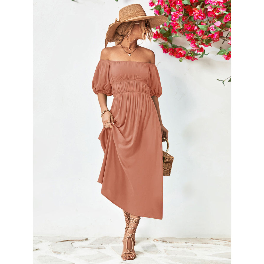 Off-Shoulder Balloon Sleeve Midi Dress