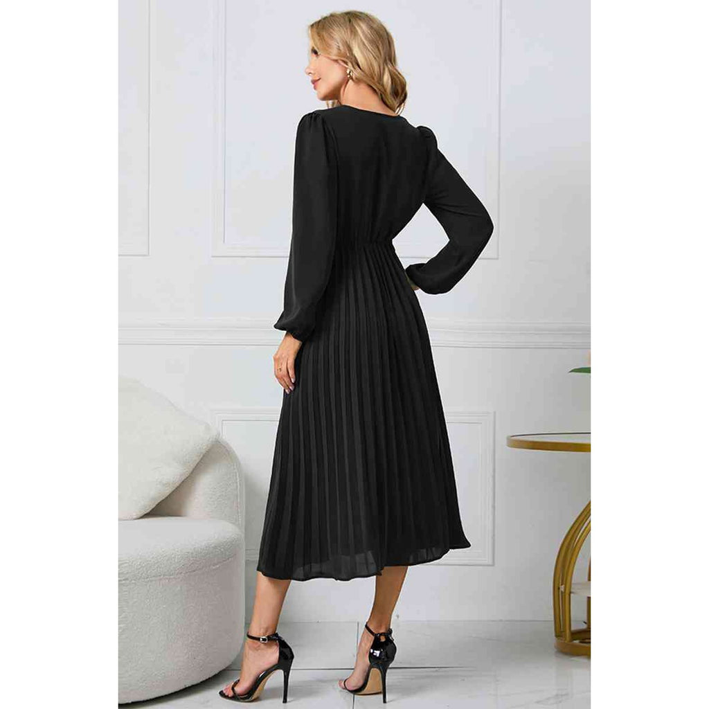 V-Neck Long Sleeve Tie Waist Midi Dress