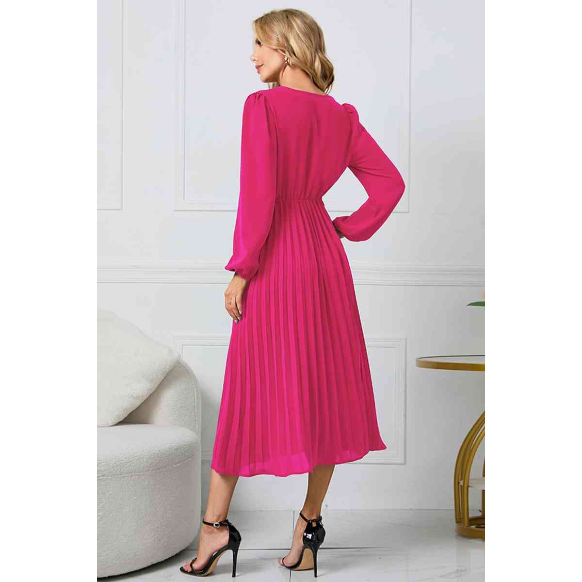 V-Neck Long Sleeve Tie Waist Midi Dress