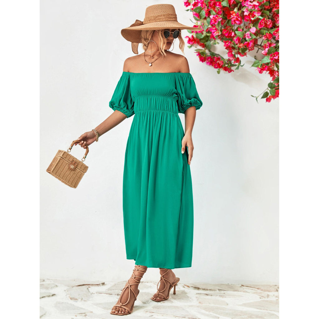Off-Shoulder Balloon Sleeve Midi Dress