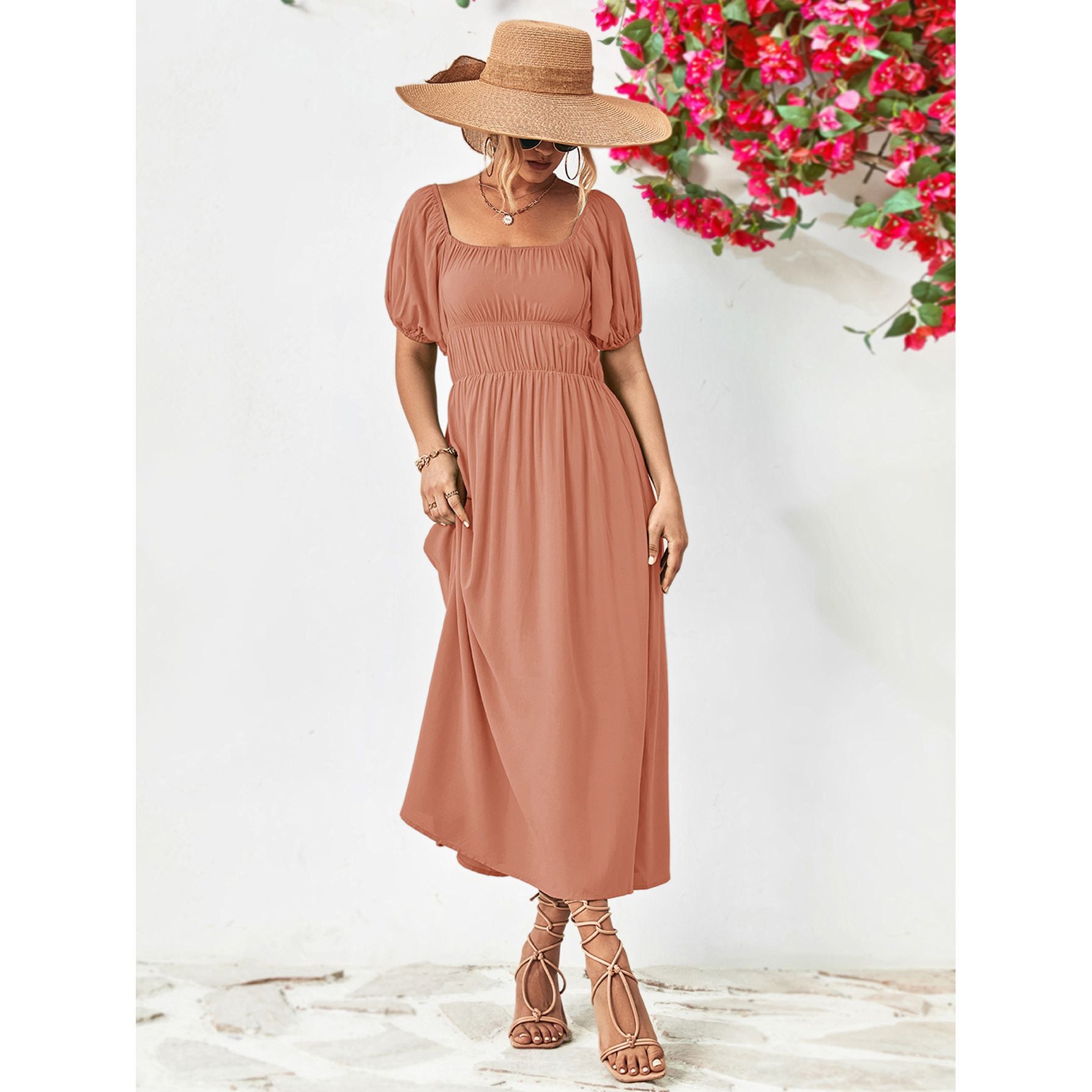 Off-Shoulder Balloon Sleeve Midi Dress