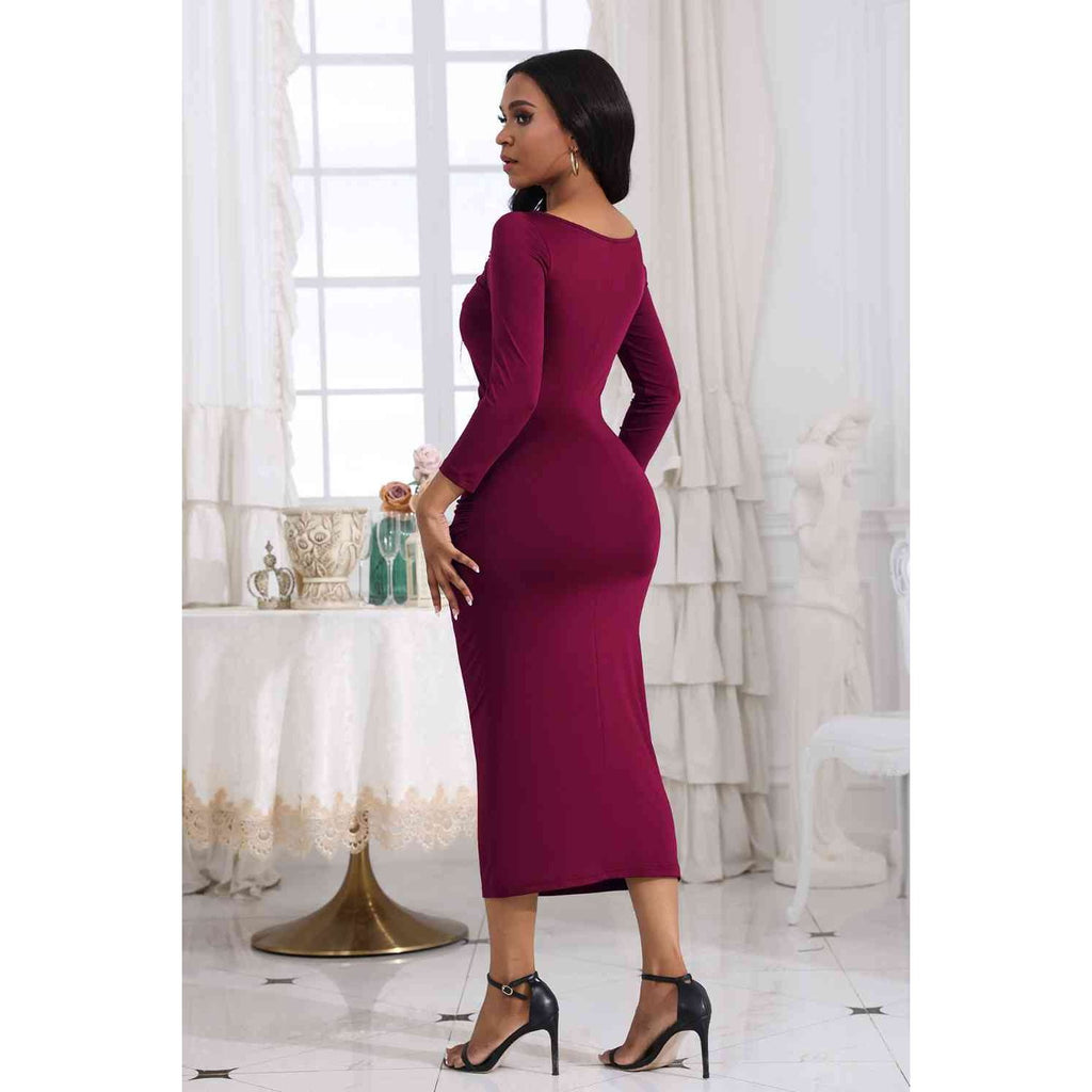Ruched Boat Neck Midi Dress