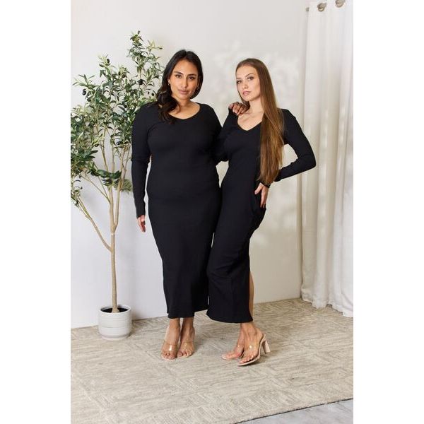Culture Code Full Size Ribbed Long Sleeve Midi Slit Dress