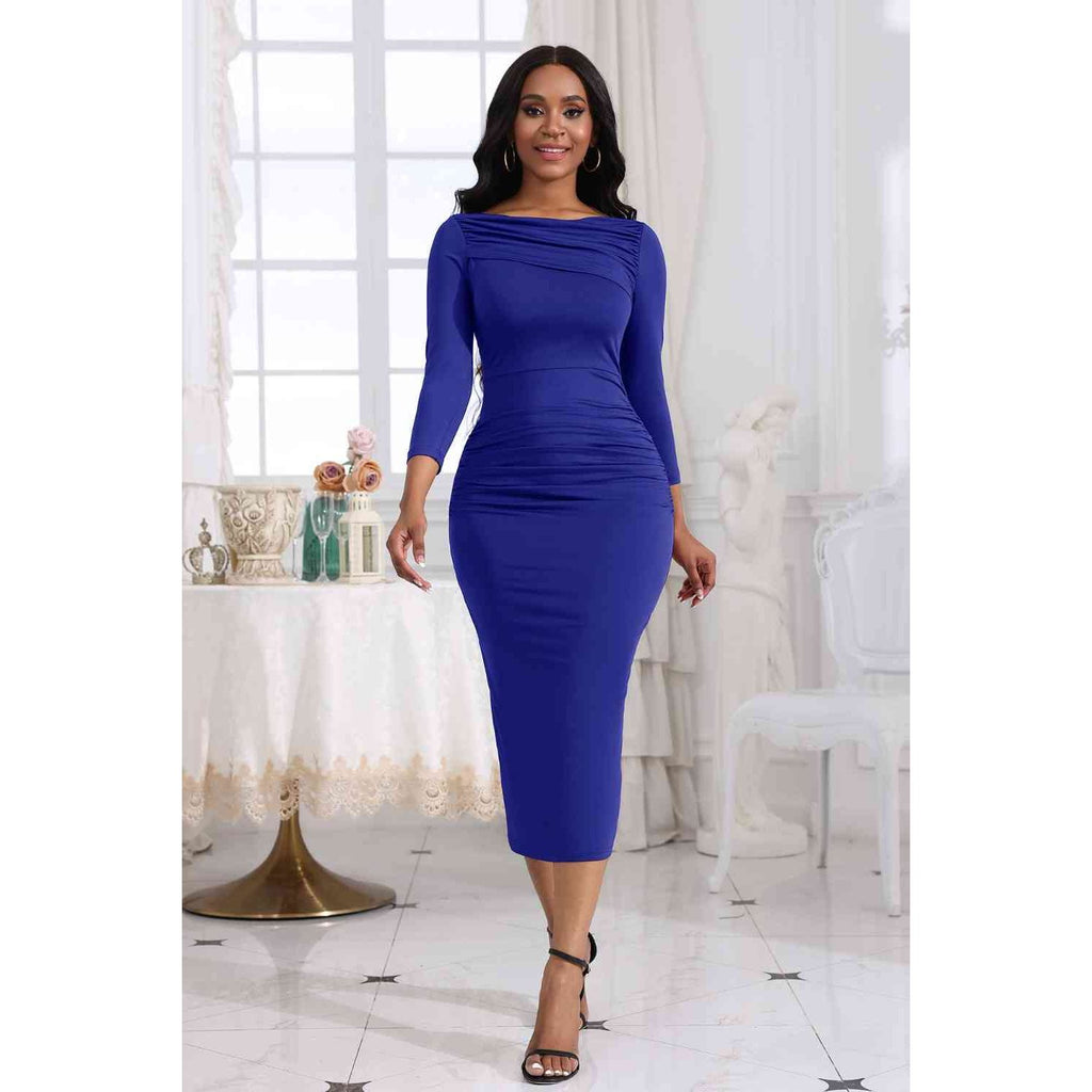 Ruched Boat Neck Midi Dress