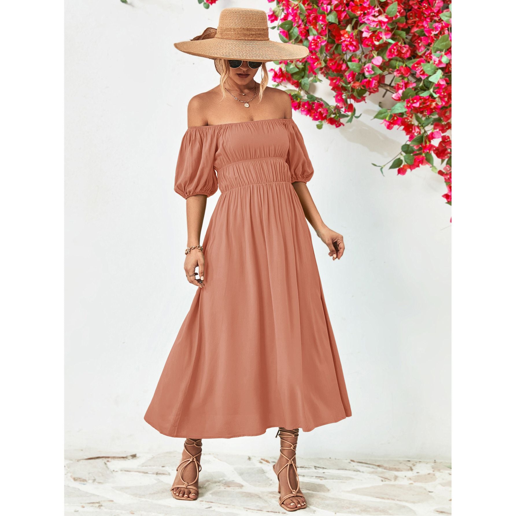 Off-Shoulder Balloon Sleeve Midi Dress
