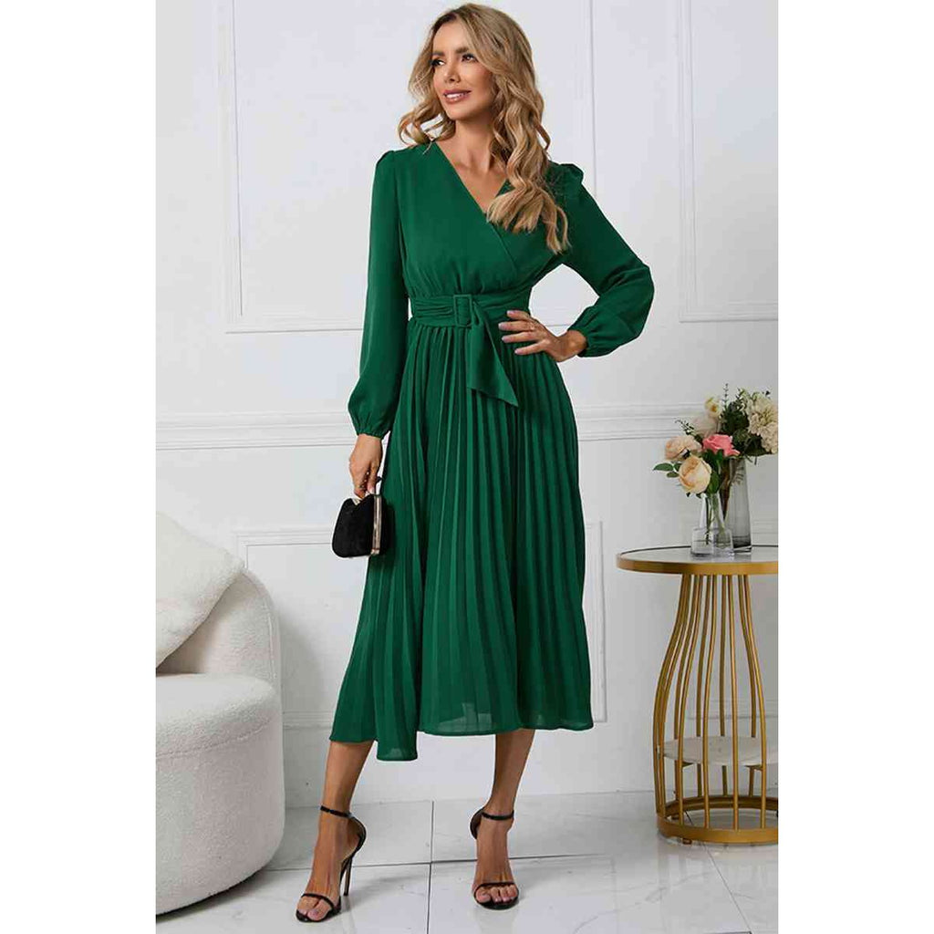 V-Neck Long Sleeve Tie Waist Midi Dress
