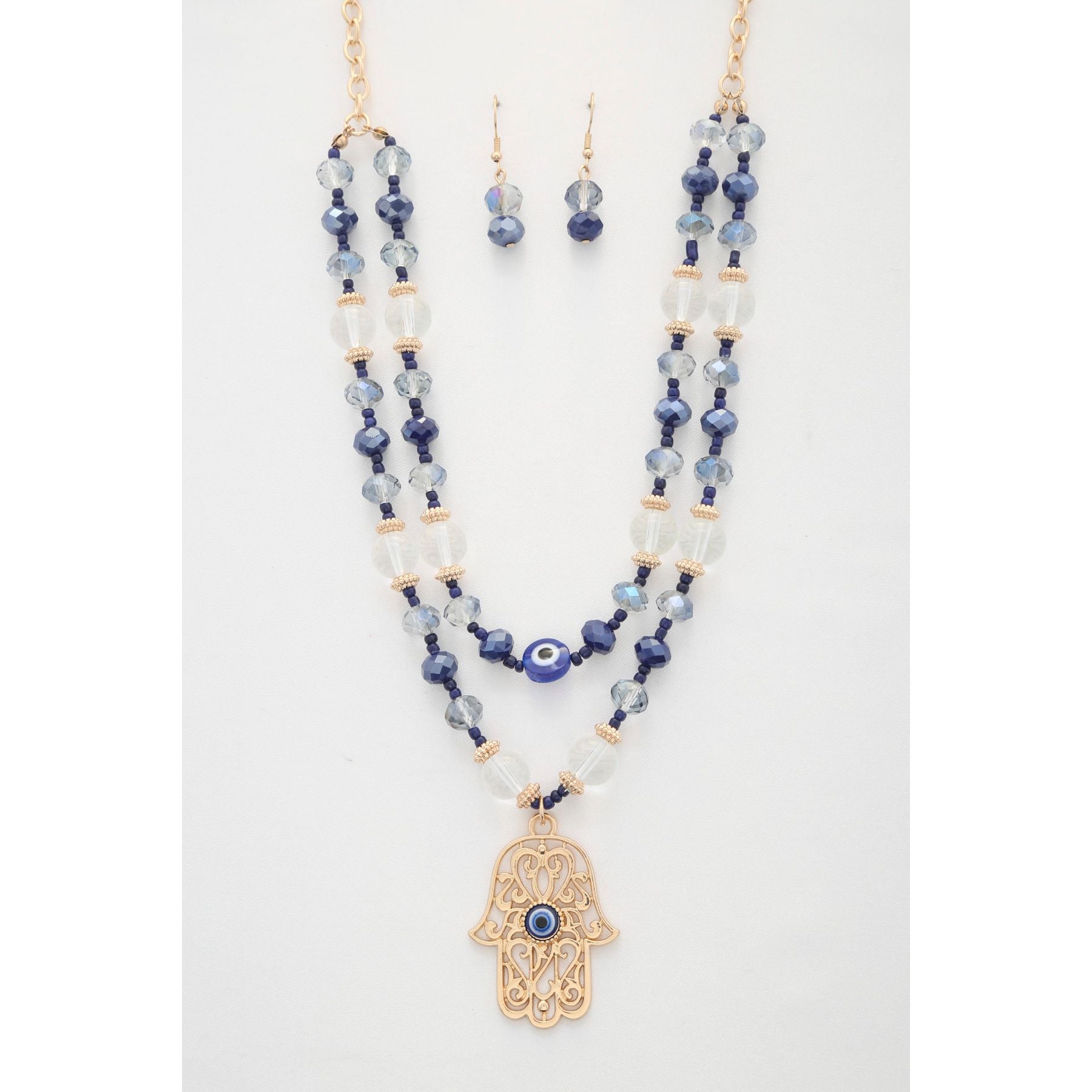 Hamsa hand pendant beaded layered necklace