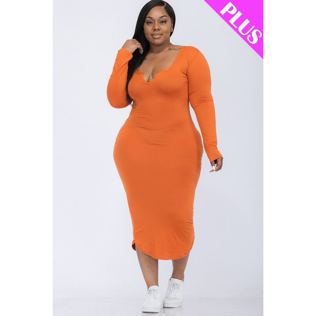 Plus Size Split Neck Long Sleeve Midi Dress