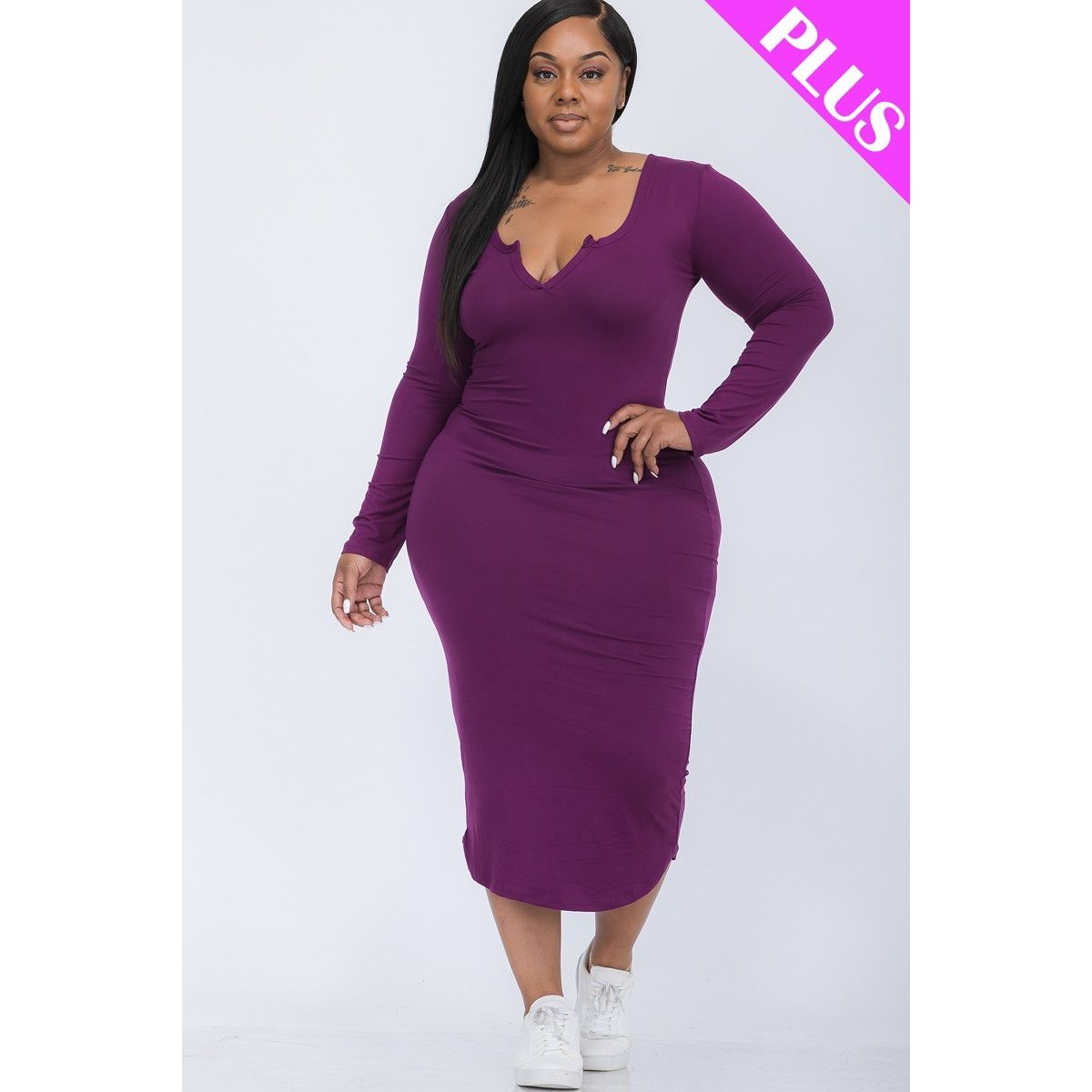 Plus Size Split Neck Long Sleeve Midi Dress