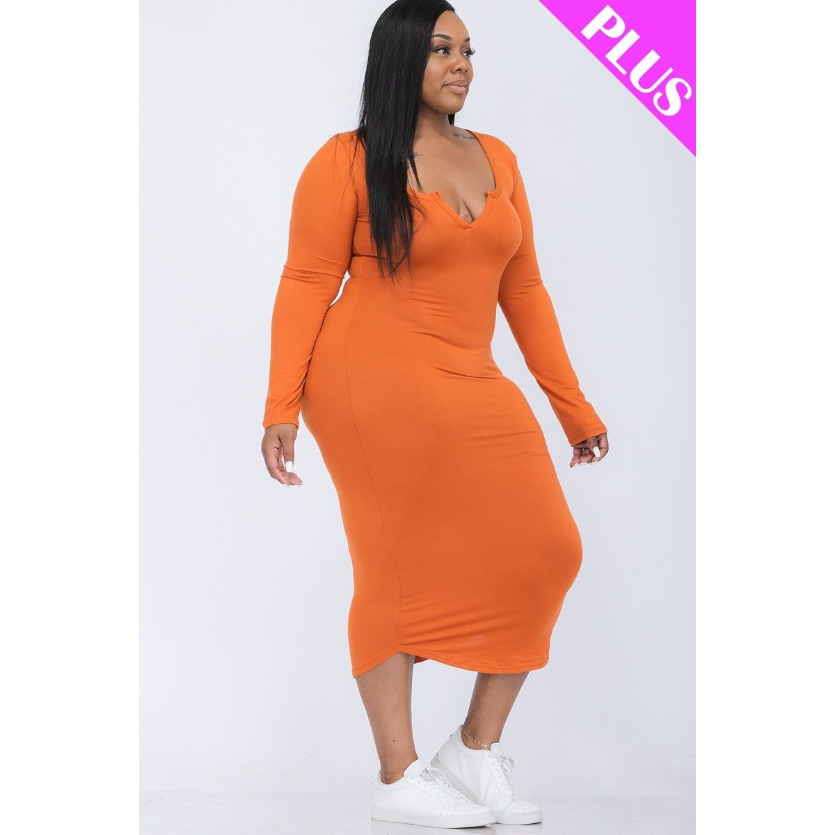 Plus Size Split Neck Long Sleeve Midi Dress