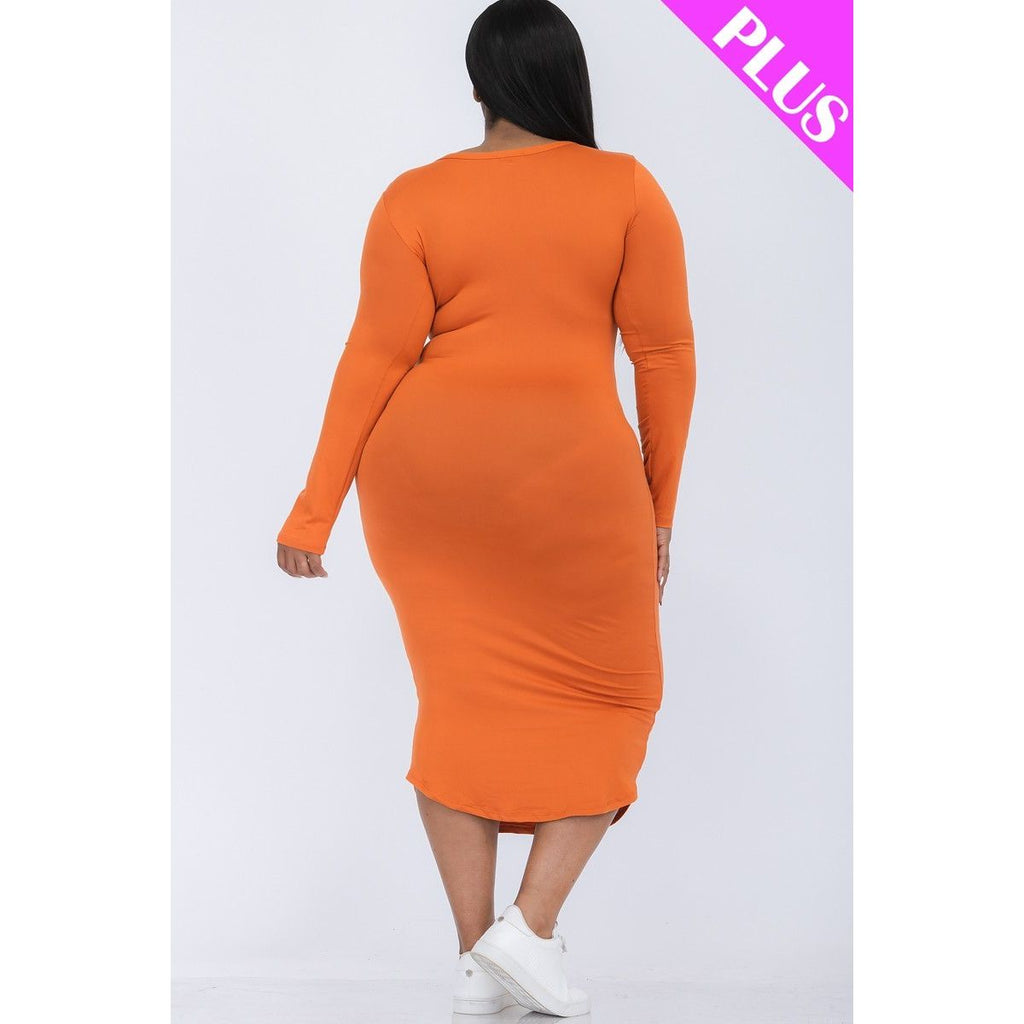 Plus Size Split Neck Long Sleeve Midi Dress