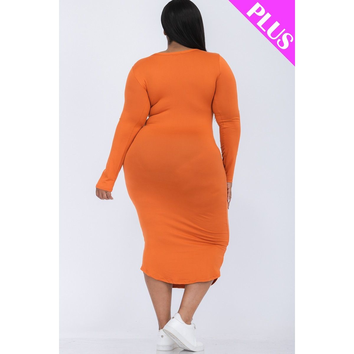 Plus Size Split Neck Long Sleeve Midi Dress