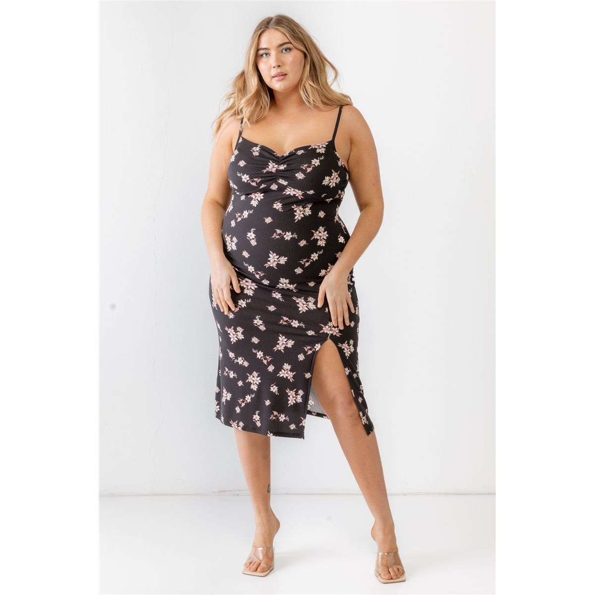 Plus Floral Ribbed Ruched Sleeveless Midi Dress