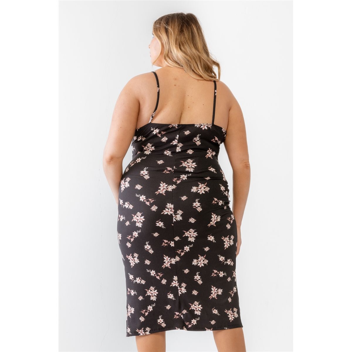 Plus Floral Ribbed Ruched Sleeveless Midi Dress