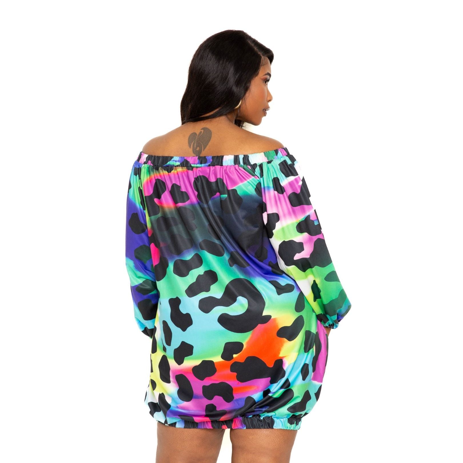 Electric leopard off shoulder bubble mini dress