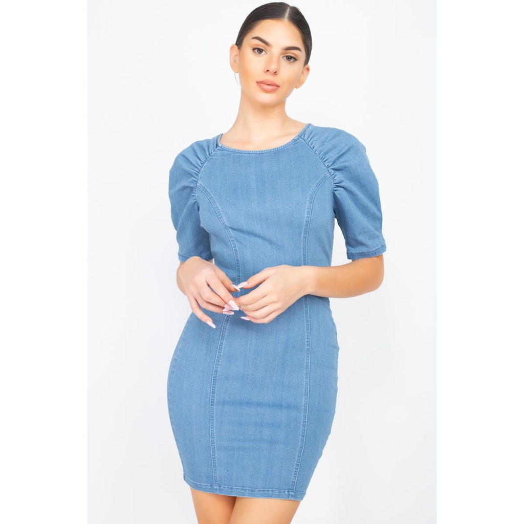 Puff Sleeve Seamed Denim Dress
