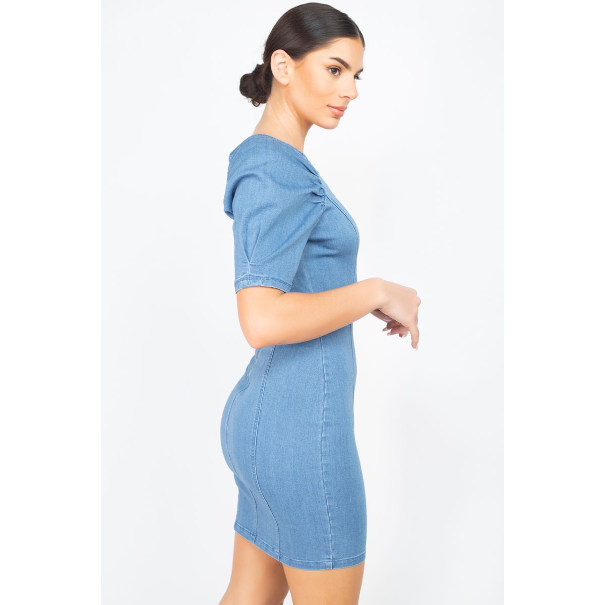 Puff Sleeve Seamed Denim Dress