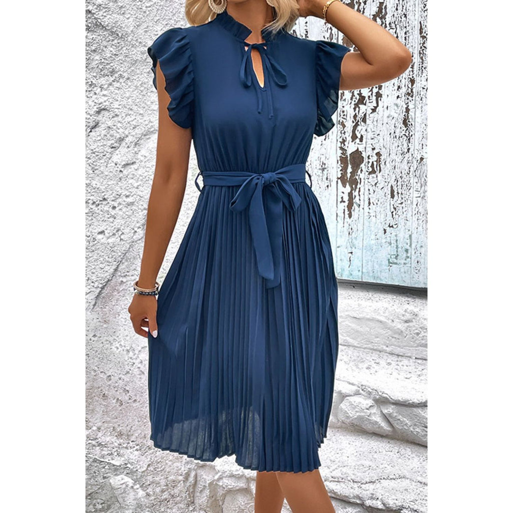 Tie Neck Belted Pleated Dress