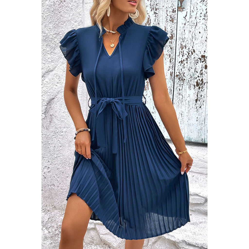 Tie Neck Belted Pleated Dress