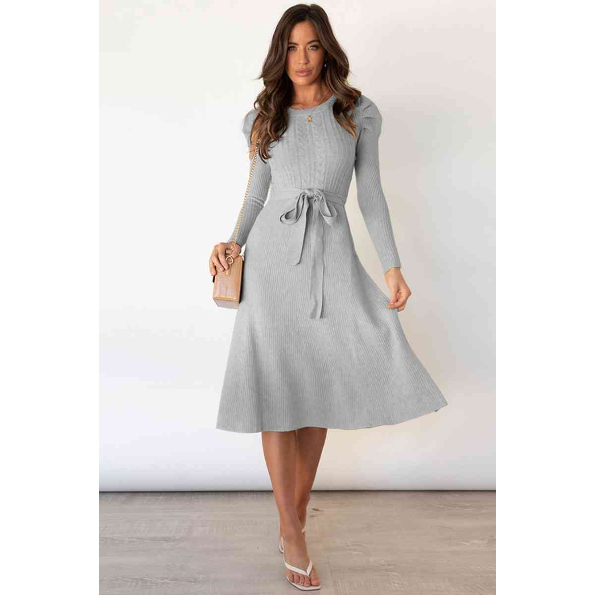 Round Neck Long Sleeve Tie Waist Sweater Dress