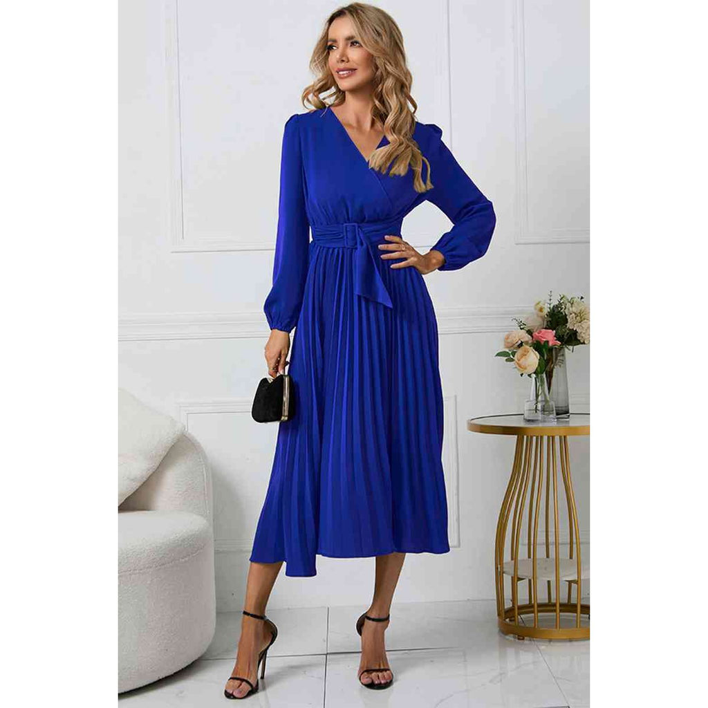 V-Neck Long Sleeve Tie Waist Midi Dress