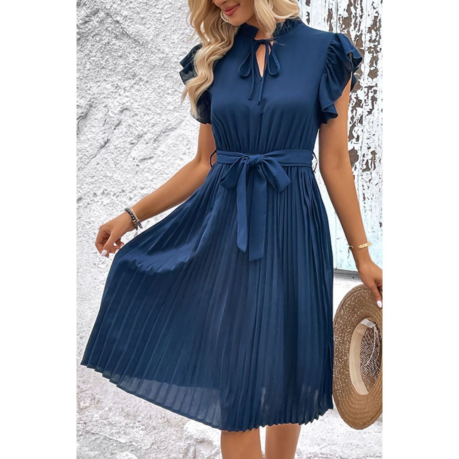 Tie Neck Belted Pleated Dress