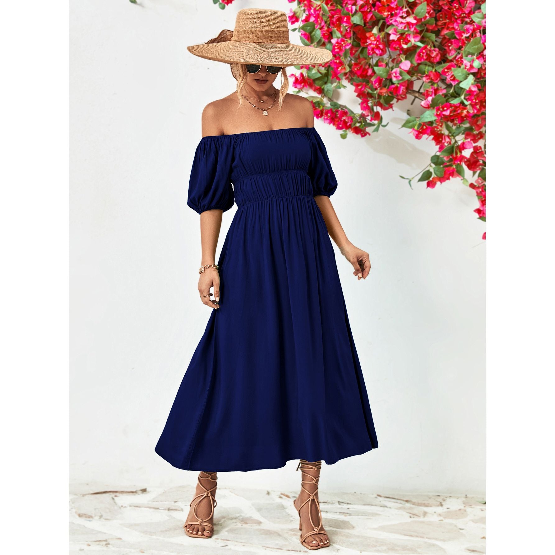 Off-Shoulder Balloon Sleeve Midi Dress