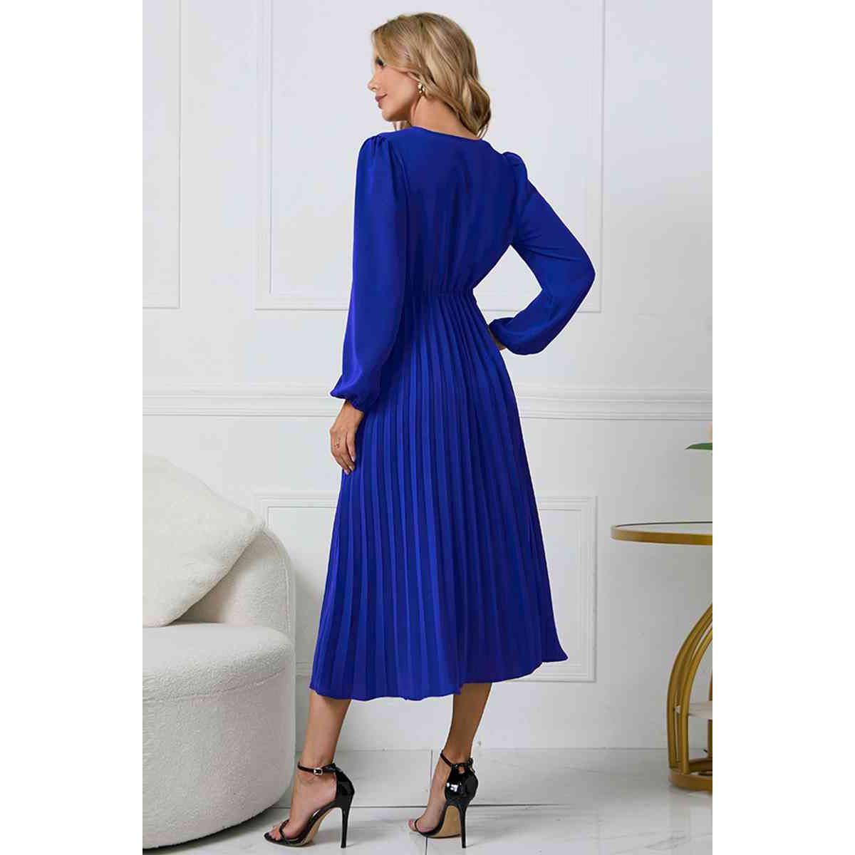 V-Neck Long Sleeve Tie Waist Midi Dress