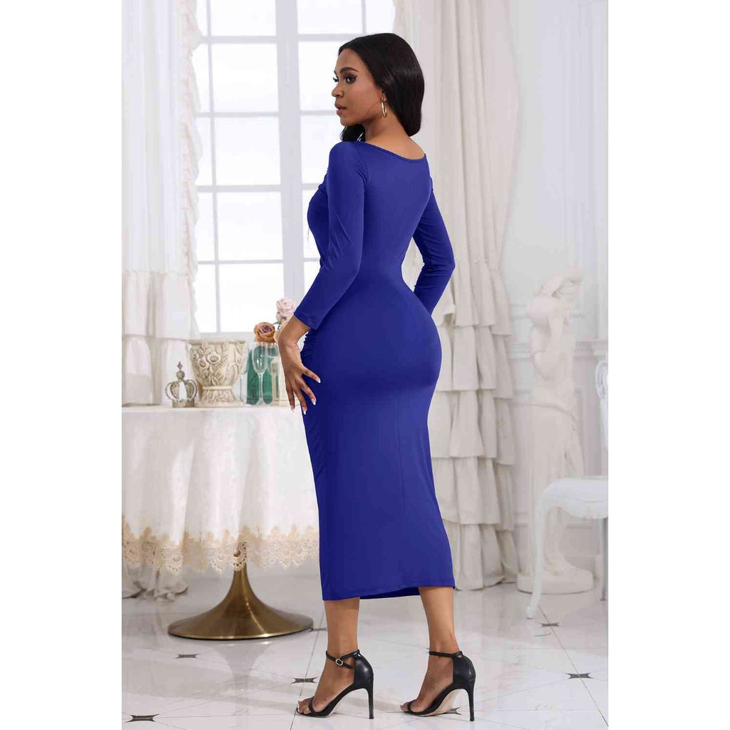 Ruched Boat Neck Midi Dress