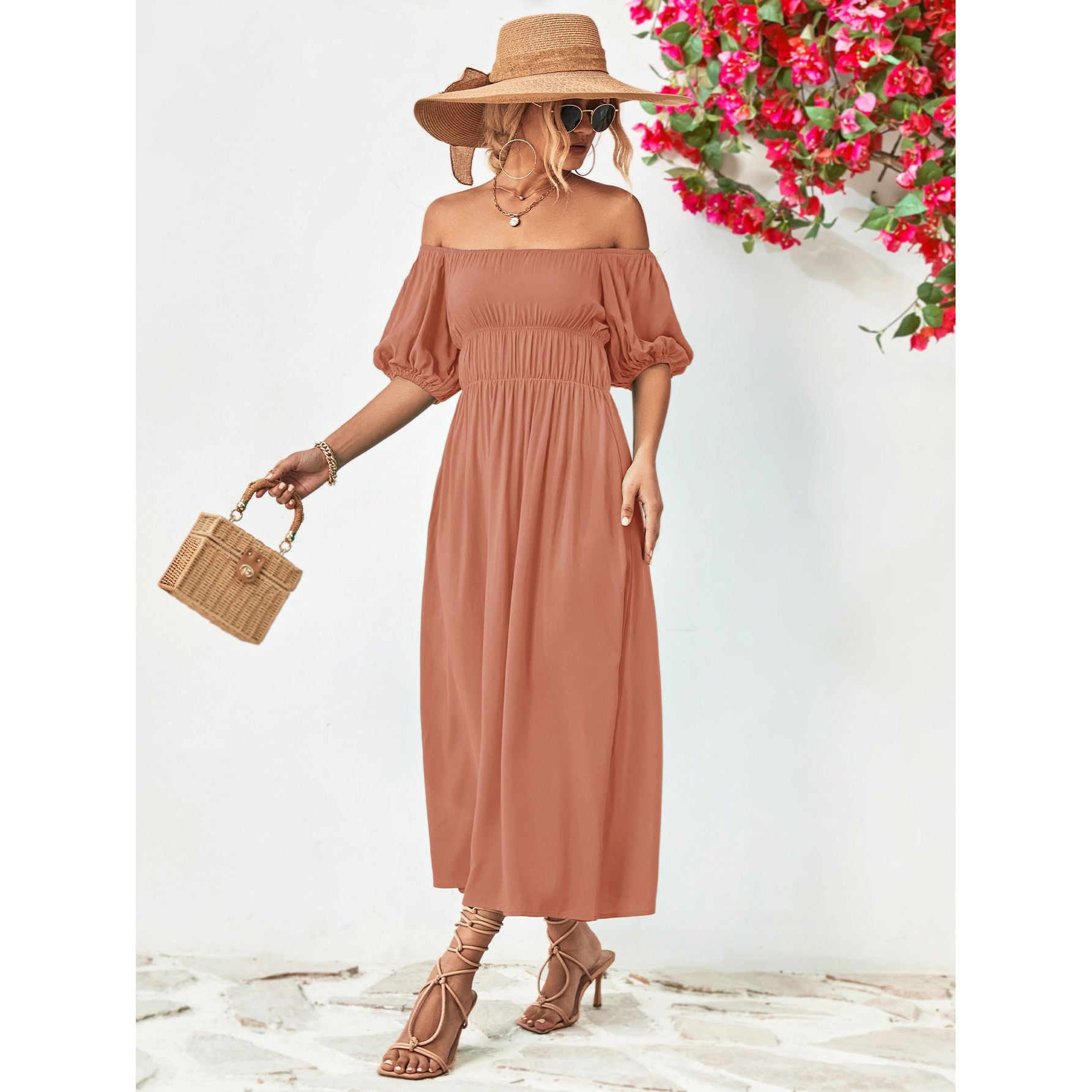 Off-Shoulder Balloon Sleeve Midi Dress