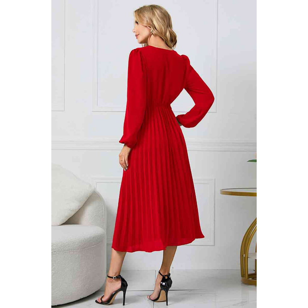 V-Neck Long Sleeve Tie Waist Midi Dress
