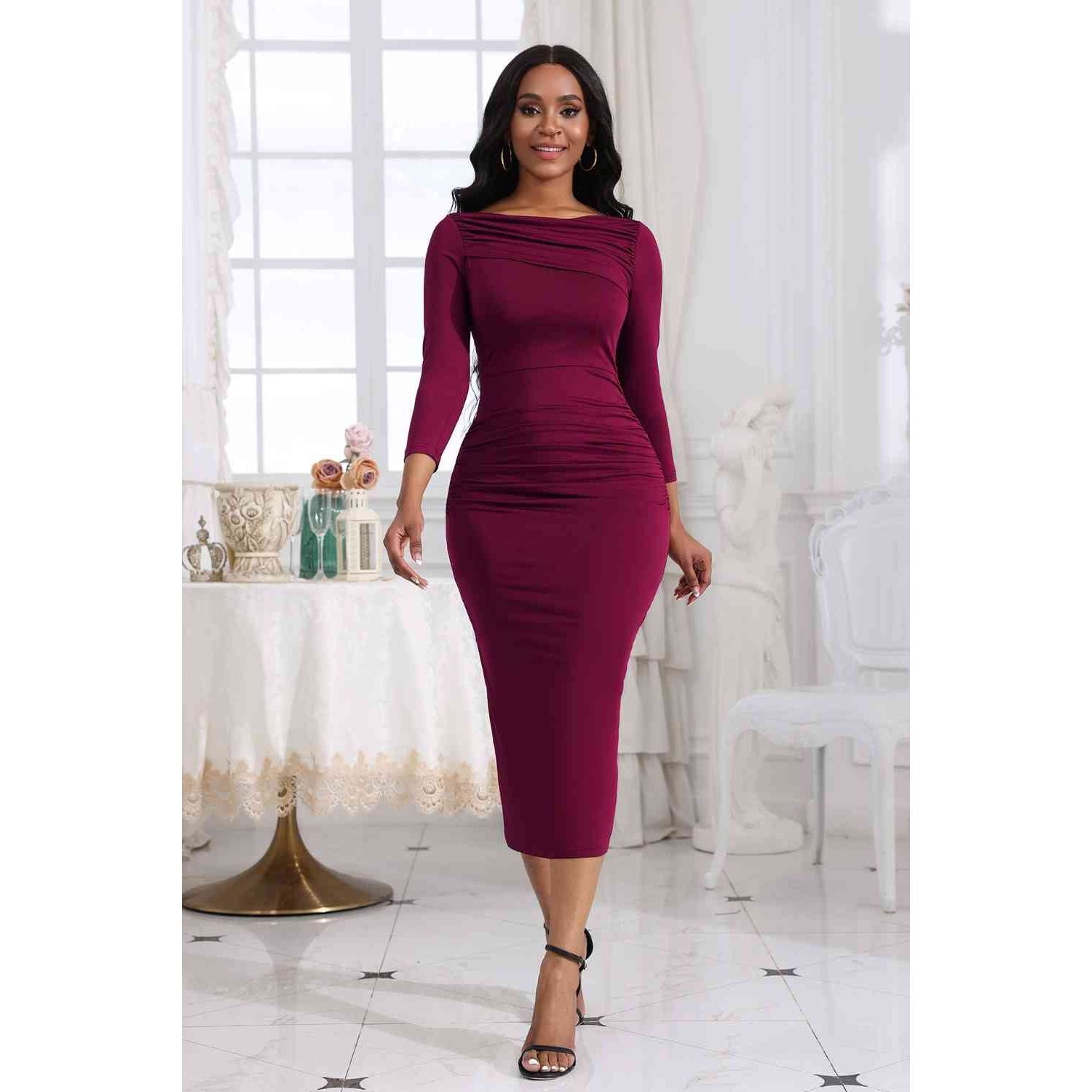 Ruched Boat Neck Midi Dress
