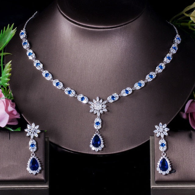 Flower Water Drop Women Royal Blue CZ Jewelry Set T184