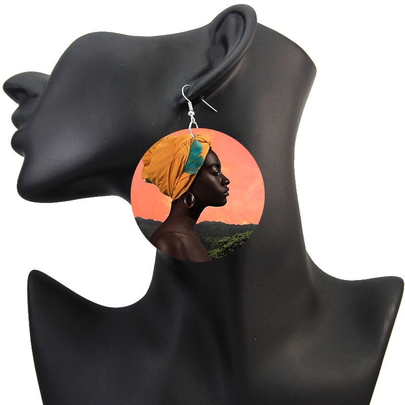 African Headwrap Woman  Portrait Earrings