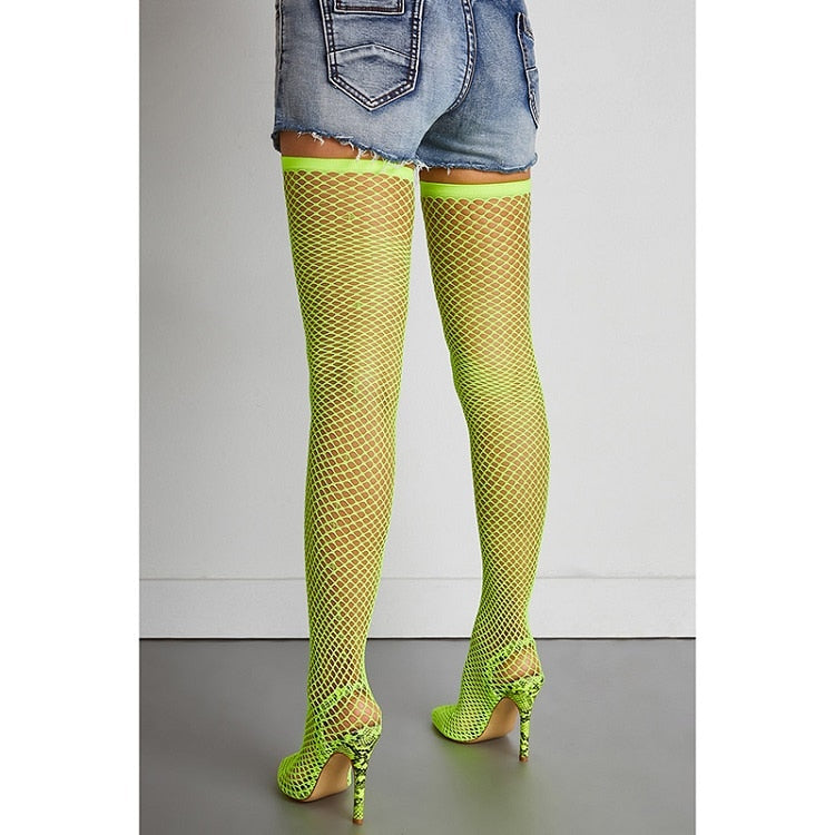 Sexy Over The Knee Women Fishnet High Heels