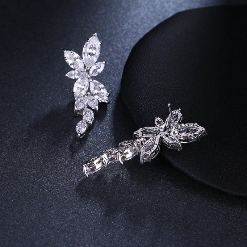 Marquise Cut Flower Zirconia Long Drop Earrings