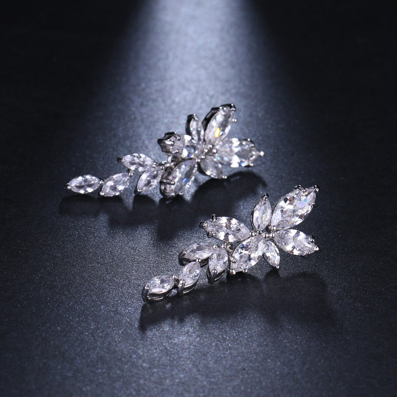 Marquise Cut Flower Zirconia Long Drop Earrings