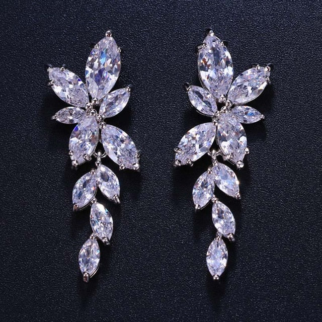 Marquise Cut Flower Zirconia Long Drop Earrings