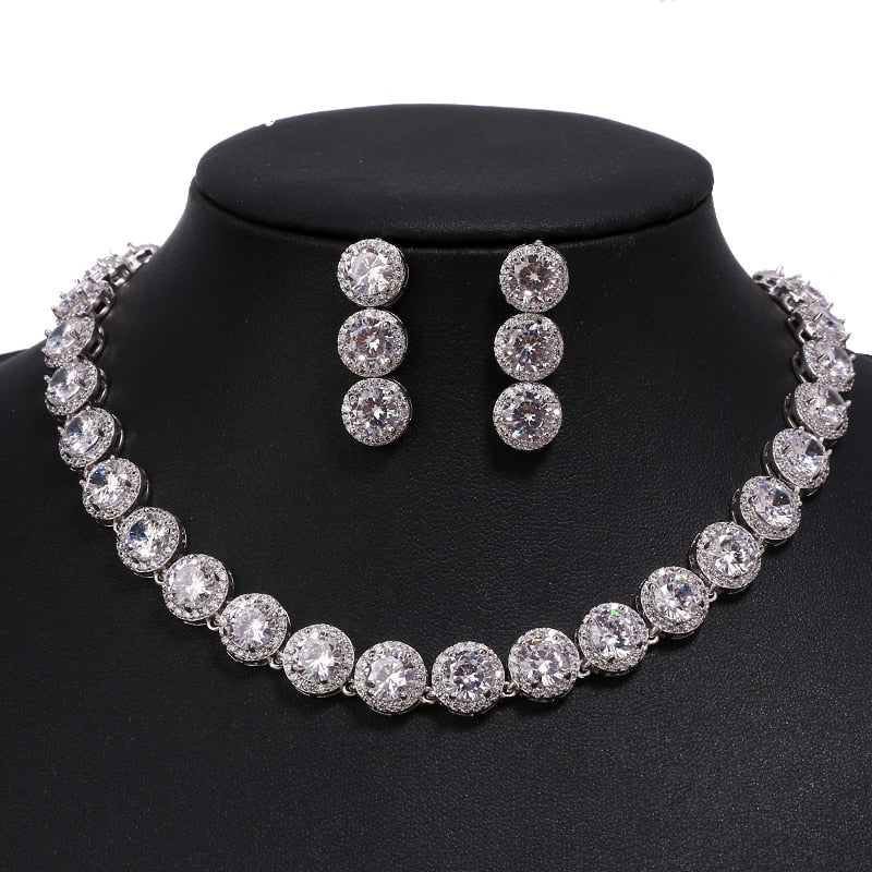 Round Jewelry White Gold Color AAA Cubic Zircon Bib Set